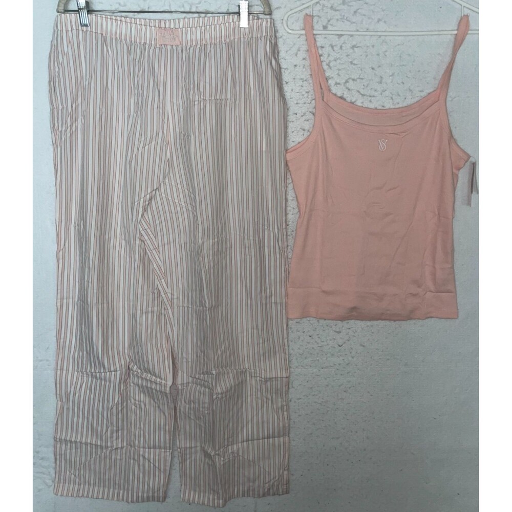 Victoria Secret Pajama Set XL Pant Long Pink Striped Tank Top Ribbed Lightweight